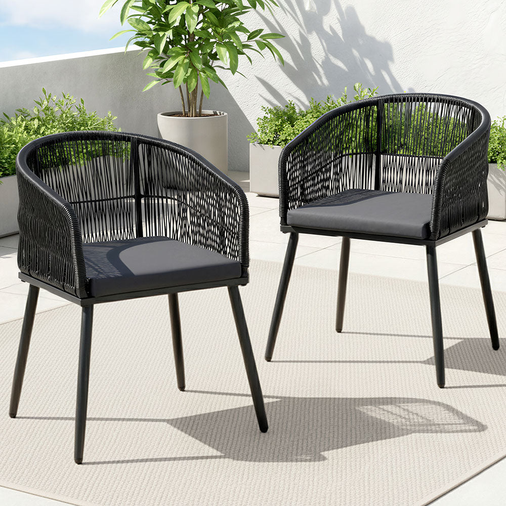Gardeon 2PC Outdoor Dining Chairs Wicker Chair Patio Furniture Garden Steel Black