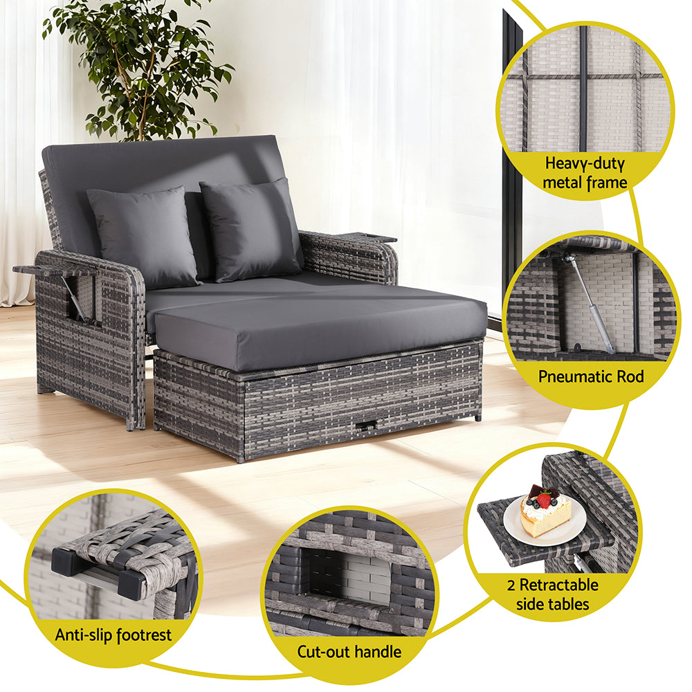 Gardeon Outdoor Day Bed Sun Lounge Setting Wicker Lounger Patio Furniture Grey