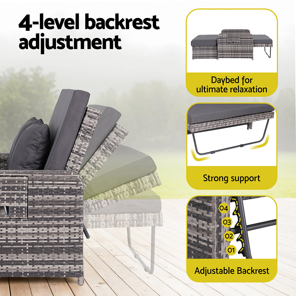 Gardeon Outdoor Day Bed Sun Lounge Setting Wicker Lounger Patio Furniture Grey