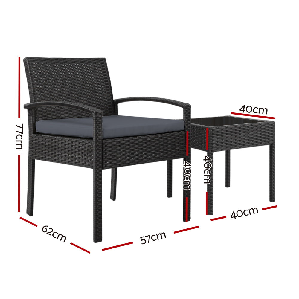 Gardeon 3PC Patio Furniture Bistro Set Wicker Outdoor Lounge Setting Black