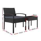 Gardeon 3PC Patio Furniture Bistro Set Wicker Outdoor Lounge Setting Black
