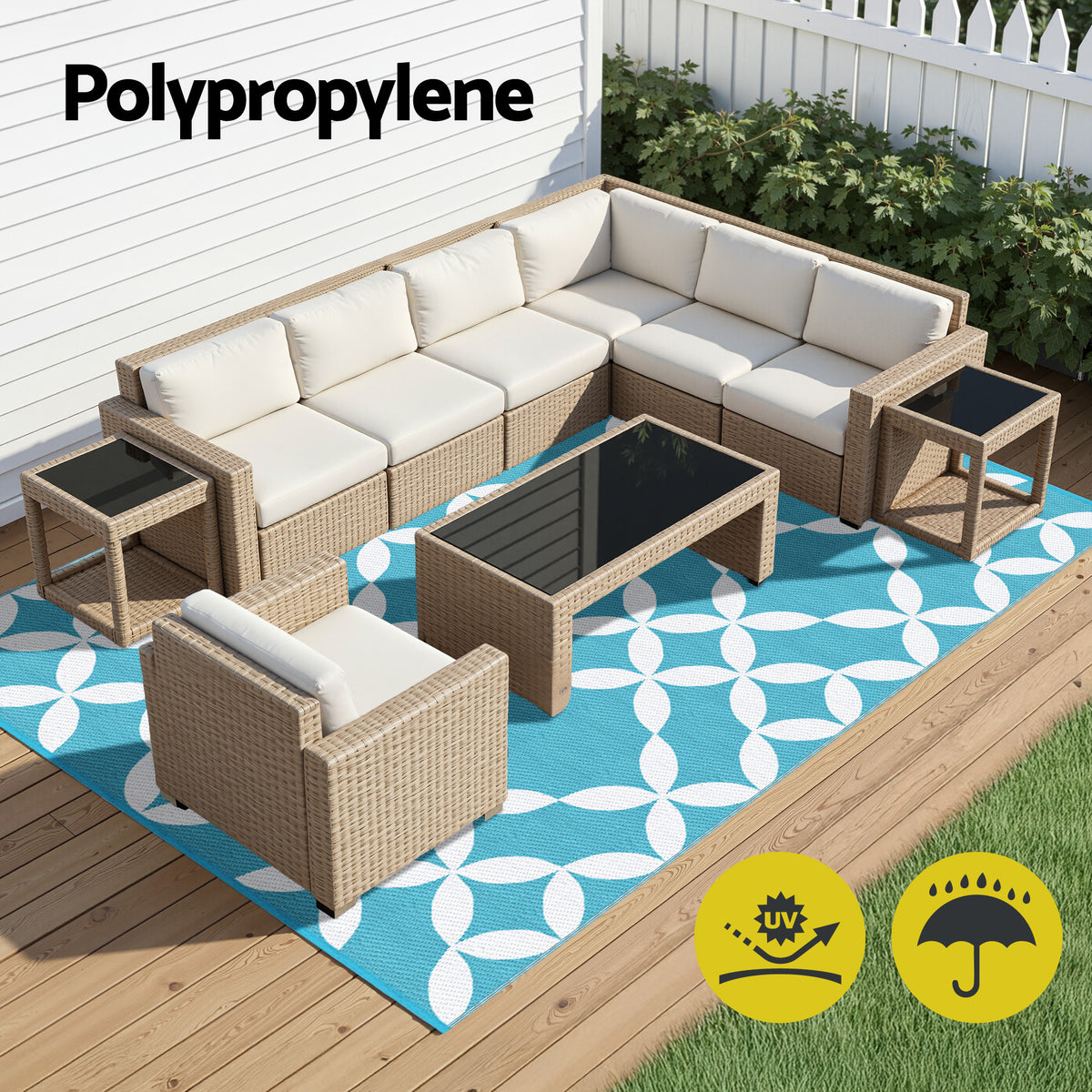 Gardeon Outdoor Rugs 274x366cm Large Carpet Reversible Area Mat PP Dual-Sided Patio Rug Light Blue