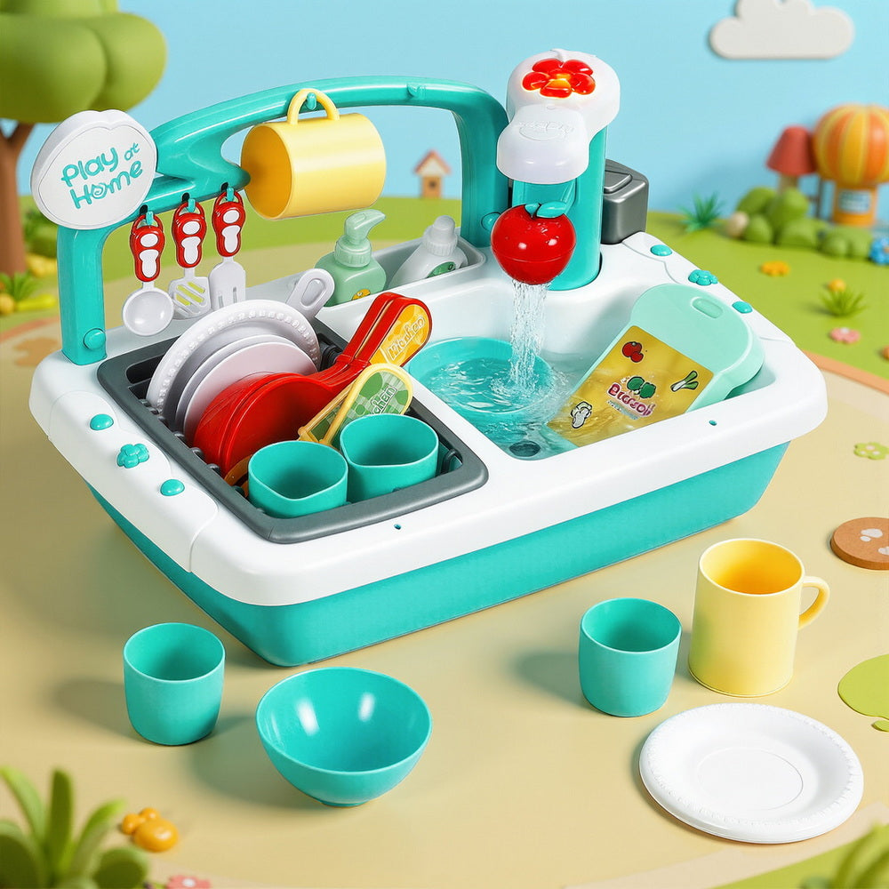 Toy kitchen sink set with dishes and water features on a colorful play mat.