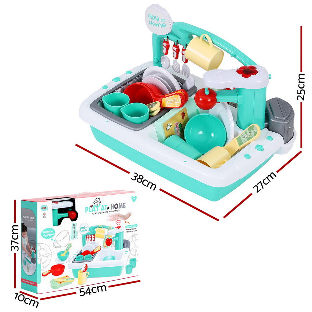 Toy kitchen set with dimensions and packaging displayed