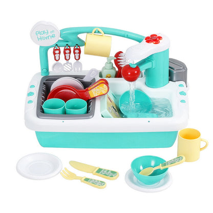 Toy kitchen sink set with various utensils and accessories on a white background