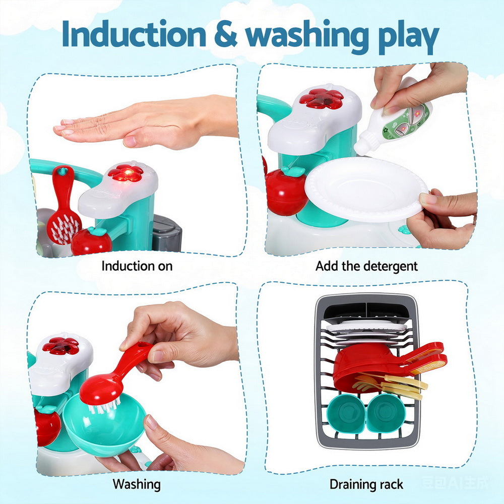 Children's toy kitchen set with washing and draining components on a blue background.