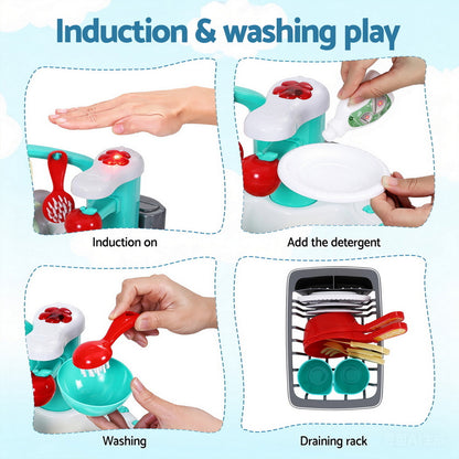 Children's toy kitchen set with washing and draining components on a blue background.