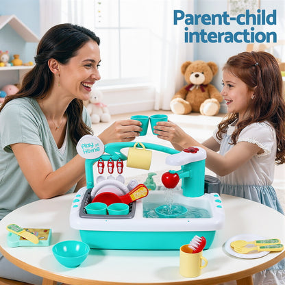 Woman and child playing with a toy kitchen set in a bright room.