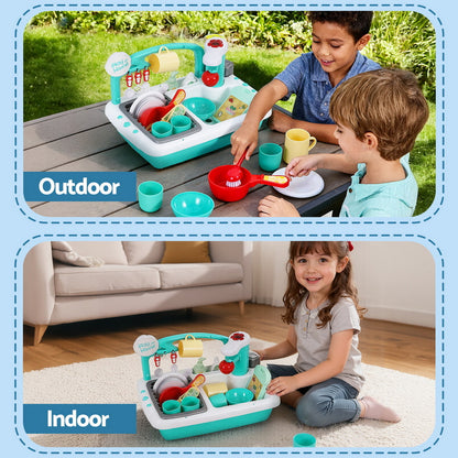 Children playing with a toy kitchen set outdoors and indoors.