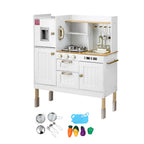 Children's wooden play kitchen set with accessories on a white background