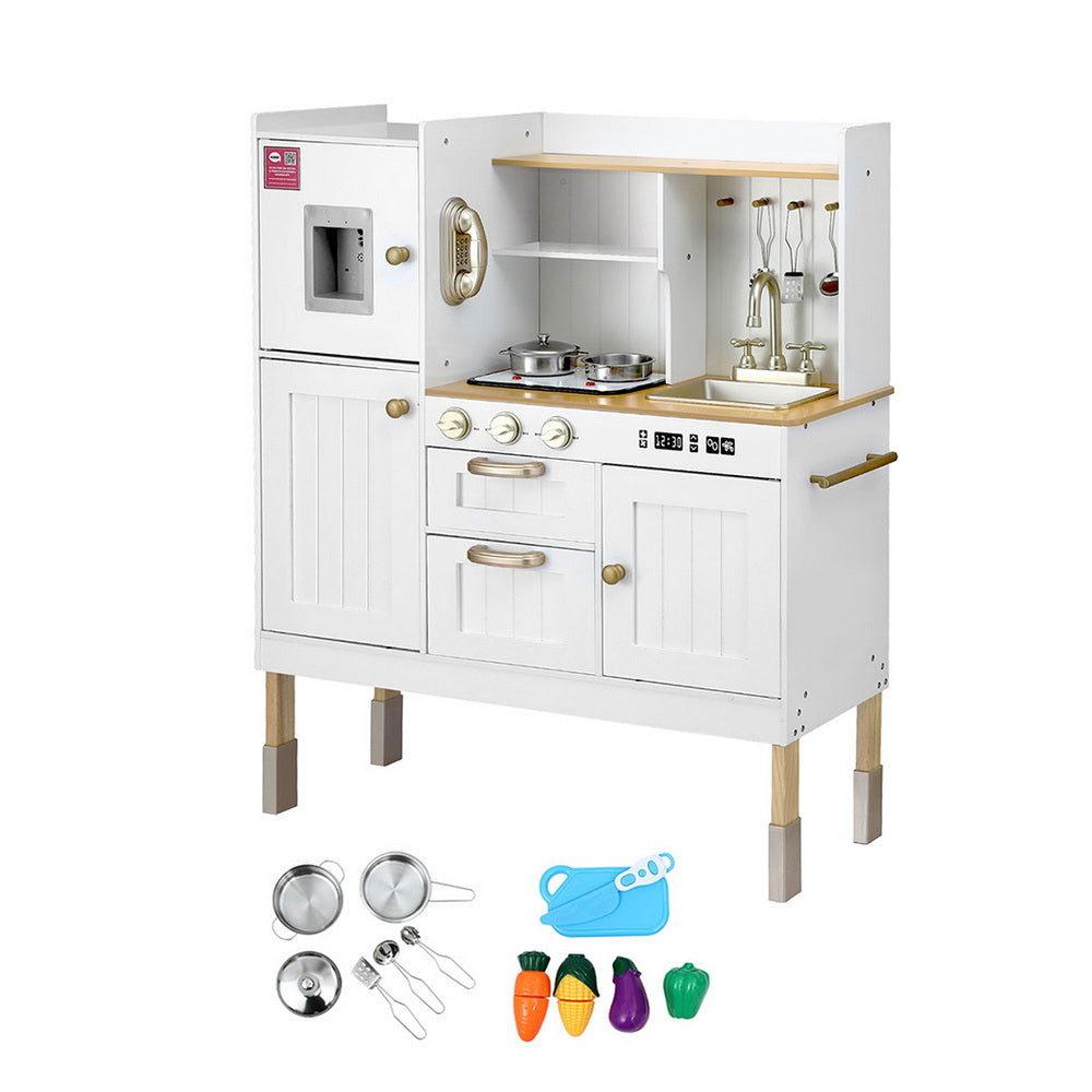 Children's wooden play kitchen set with accessories on a white background