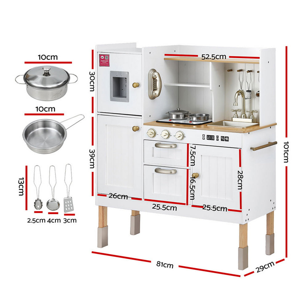 White toy kitchen set with measurements on a white background
