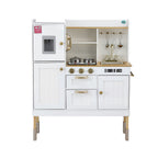 White toy kitchen set with gold accents on a white background
