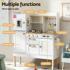 Children's play kitchen set with various functions labeled