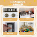Play kitchen set with stove, sink, and water dispenser, highlighting realistic cooking experience features.
