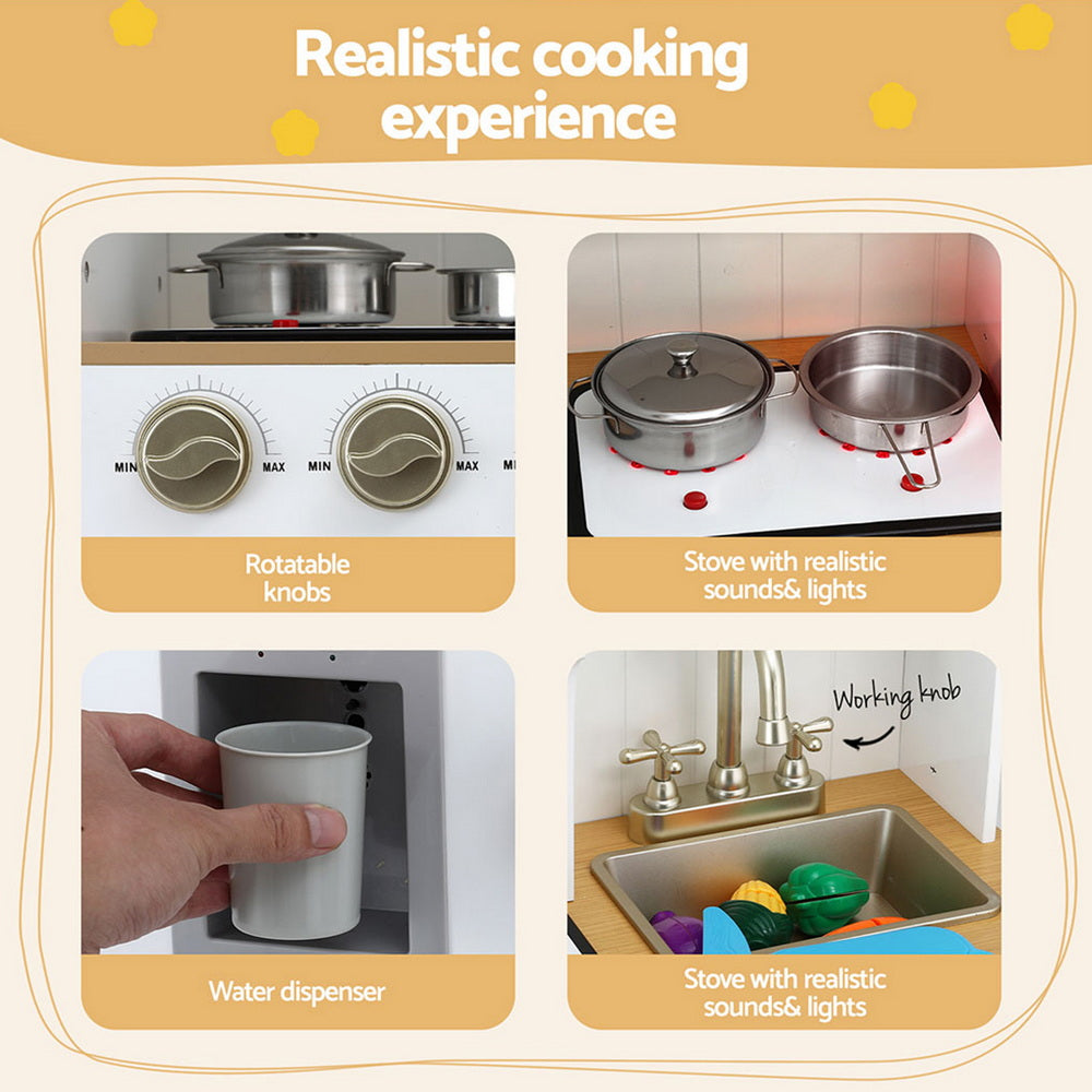 Play kitchen set with stove, sink, and water dispenser, highlighting realistic cooking experience features.