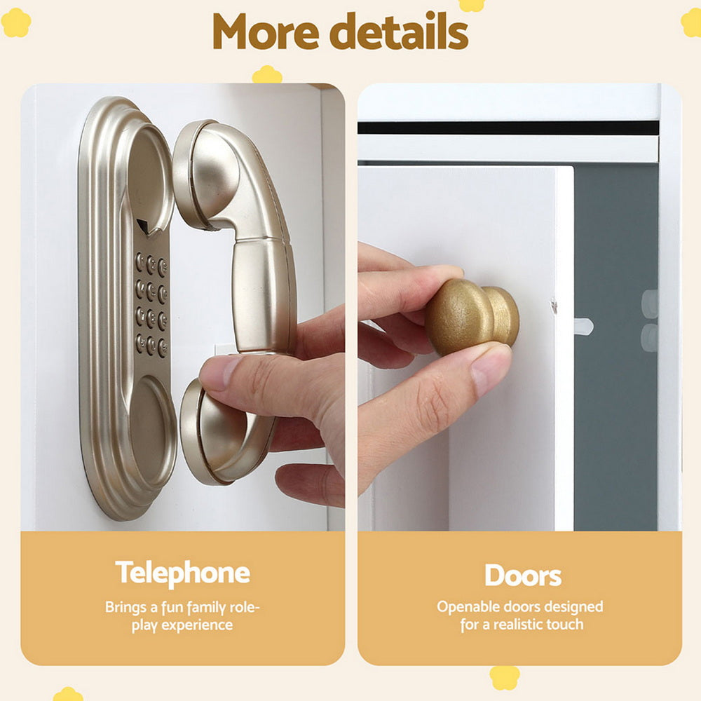 Product display with a telephone and door handles, labeled for different uses.
