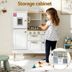Child playing with a toy kitchen set, including a storage cabinet.