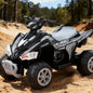 Black and gray ATV on a sandy terrain with trees in the background