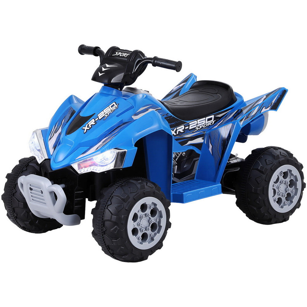 Blue toy ATV with black tires on a white background