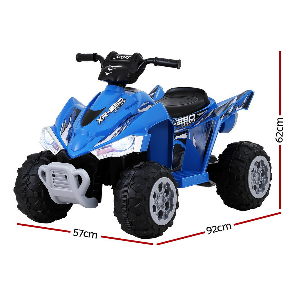 Blue toy ATV with measurements on a white background