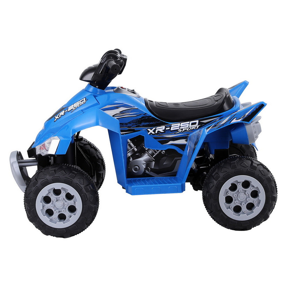 Blue toy ATV with 'XR-250' branding on a white background