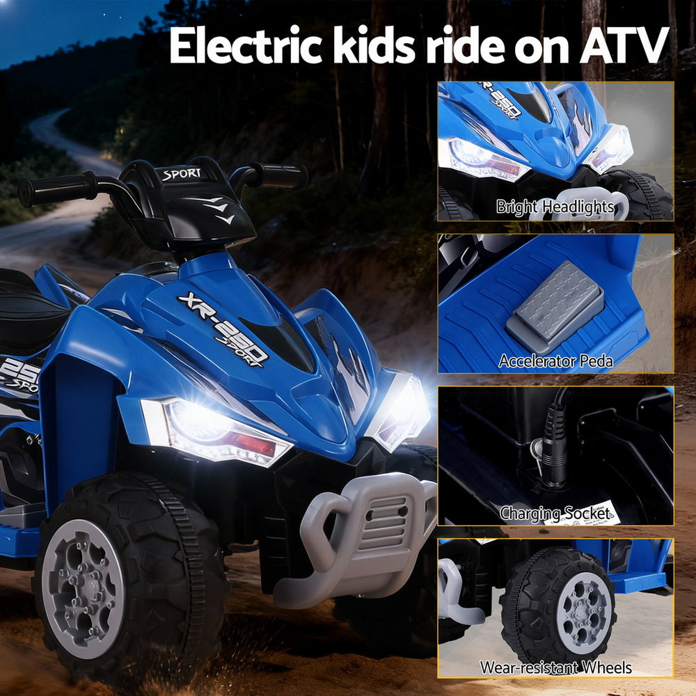 Blue electric kids ATV with features highlighted on a dark background