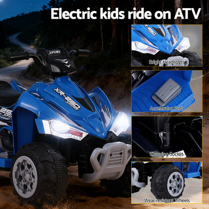 Blue electric kids ATV with features highlighted on a dark background