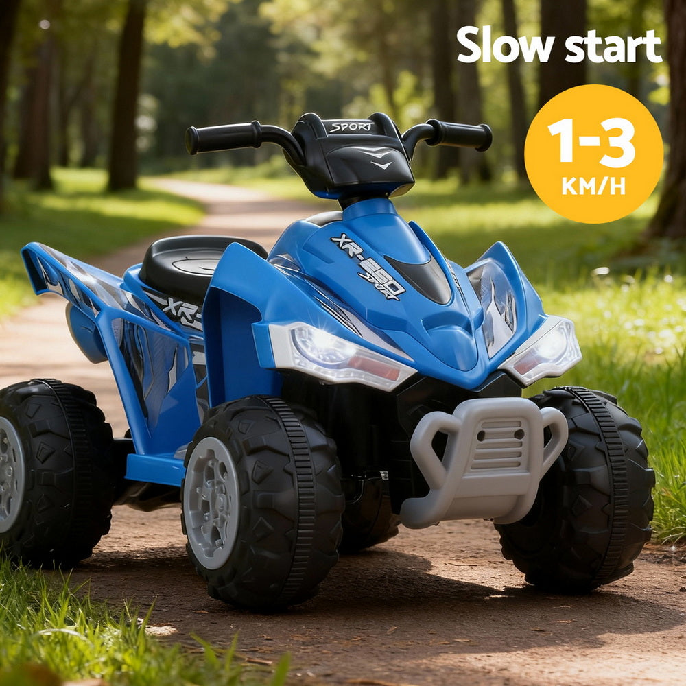 Blue toy ATV on a dirt path with 'Slow start' label indicating speed limit.