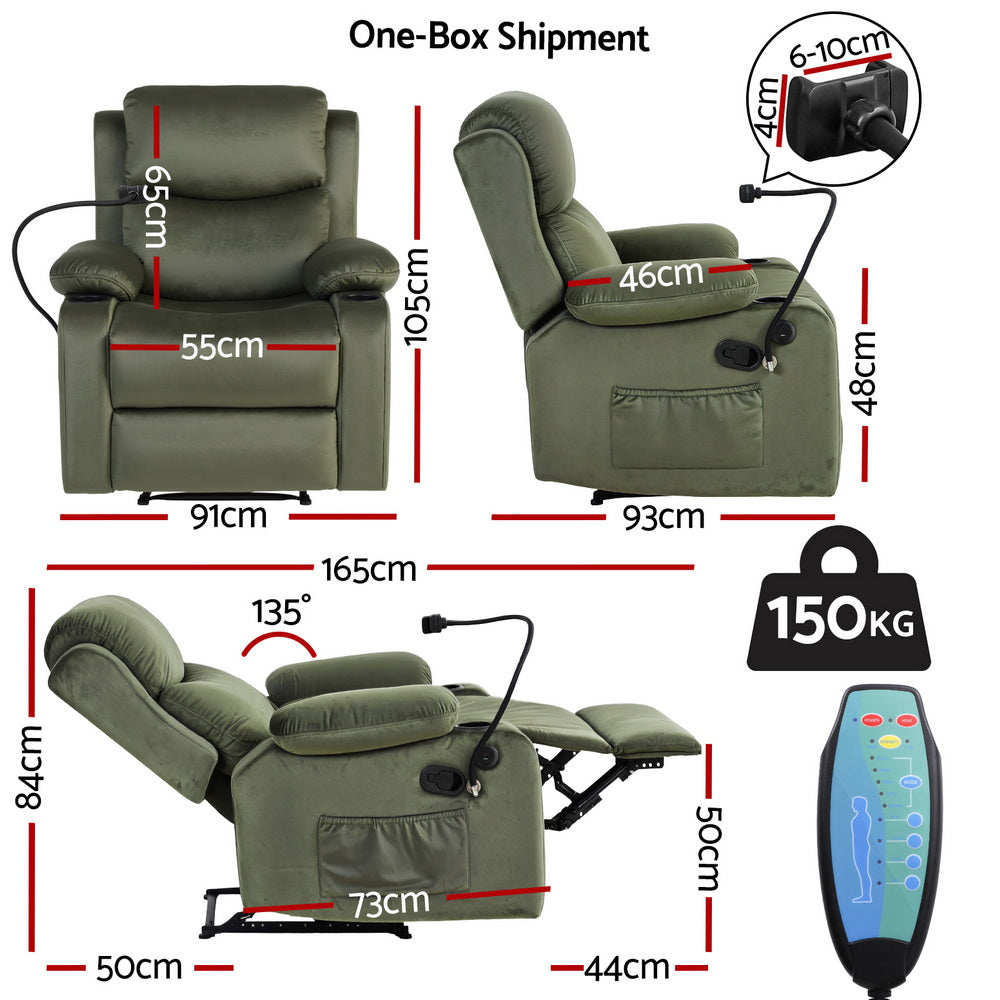 Artiss Recliner Chair Heated Massage Chair with Phone Holder Velvet