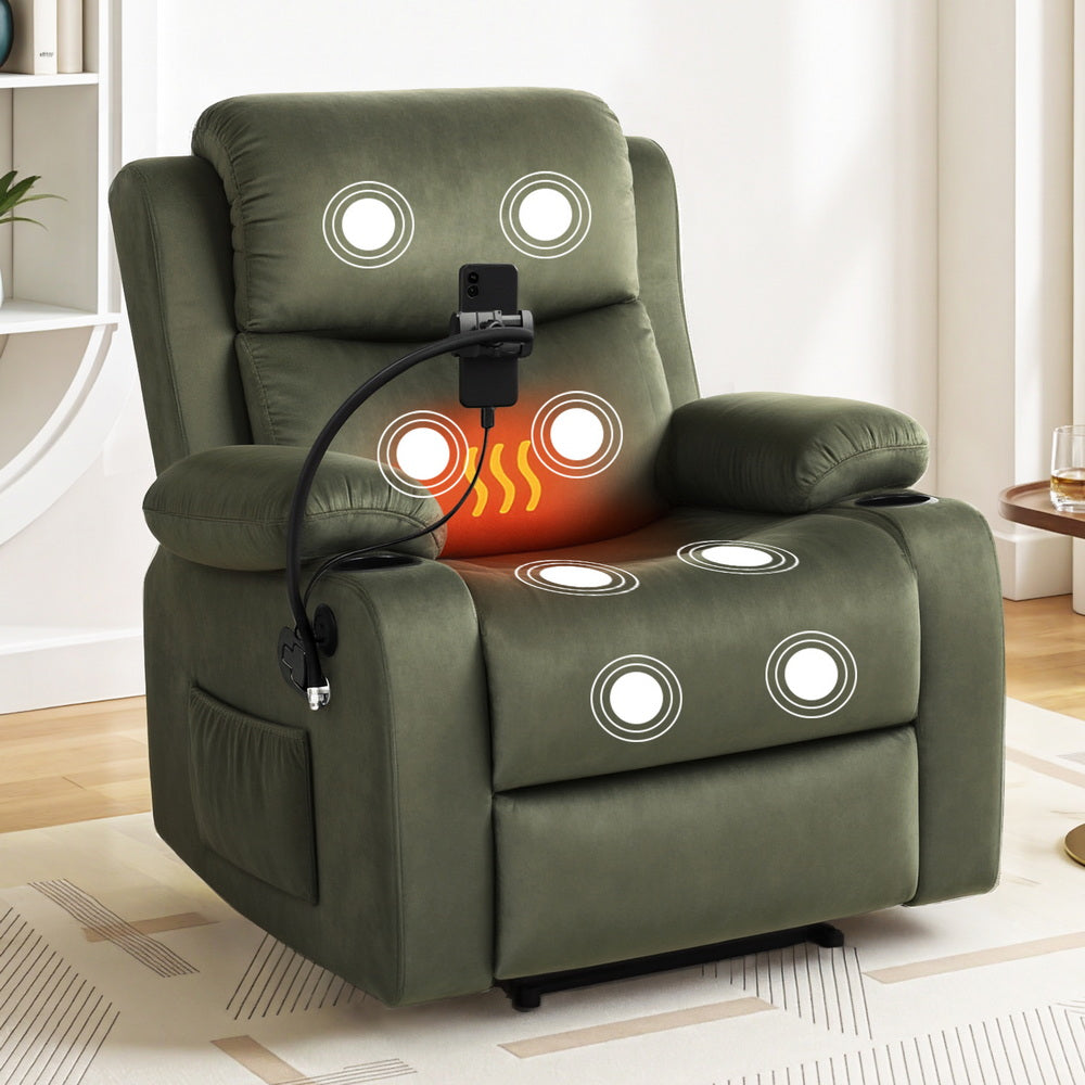 Artiss Recliner Chair Heated Massage Chair with Phone Holder Velvet