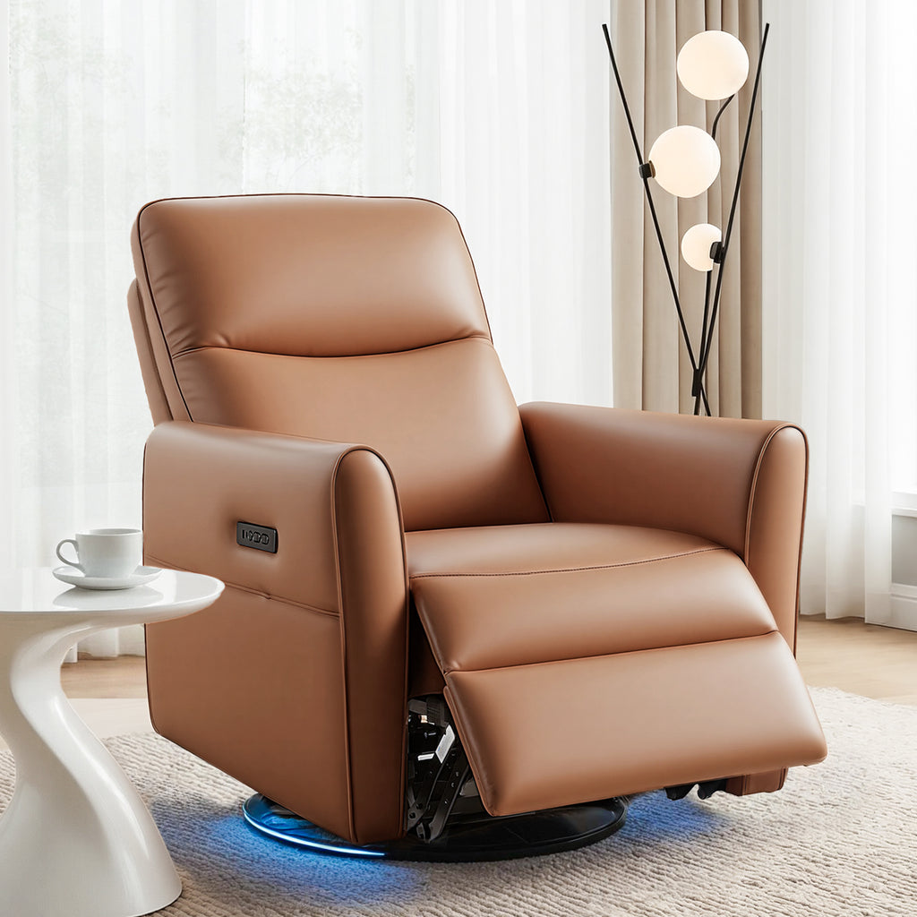 Artiss Swivel Recliner Chair Leather Rocking Reclining Sofa with Charging Ports LED Brown