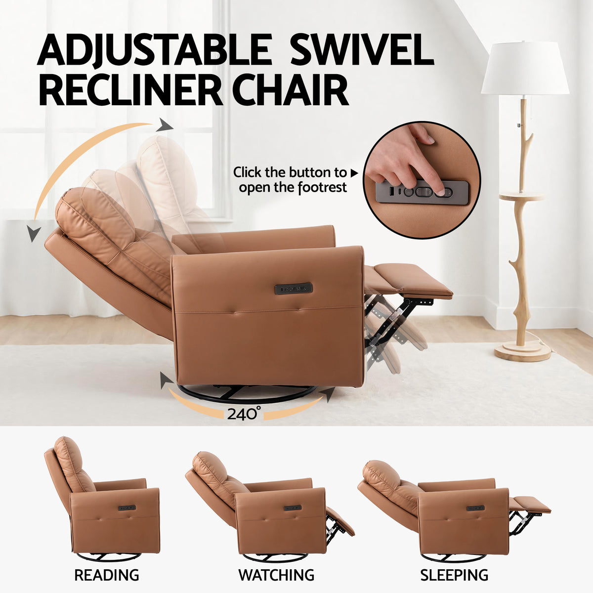 Artiss Swivel Recliner Chair Leather Rocking Reclining Sofa with Charging Ports LED Brown