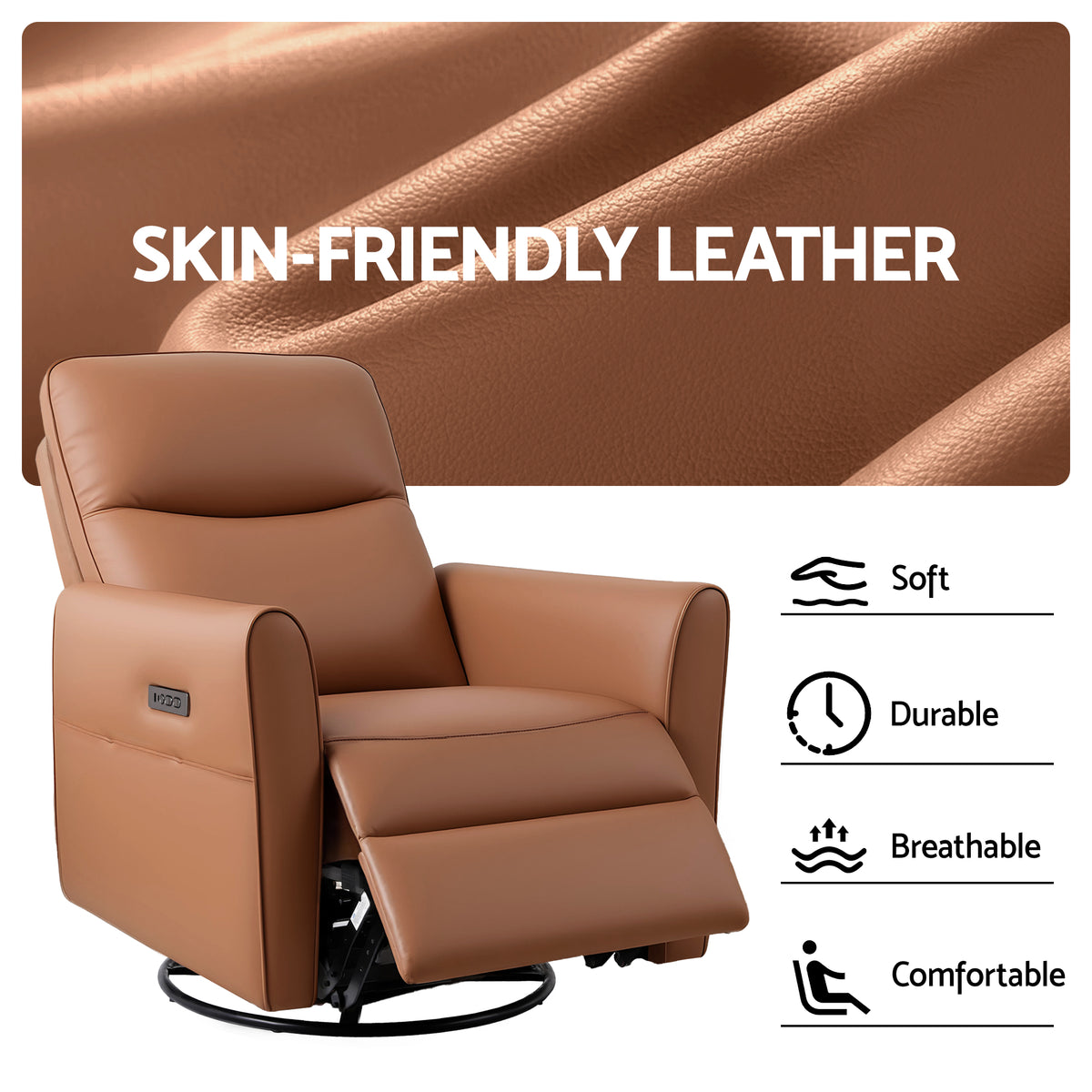 Artiss Swivel Recliner Chair Leather Rocking Reclining Sofa with Charging Ports LED Brown