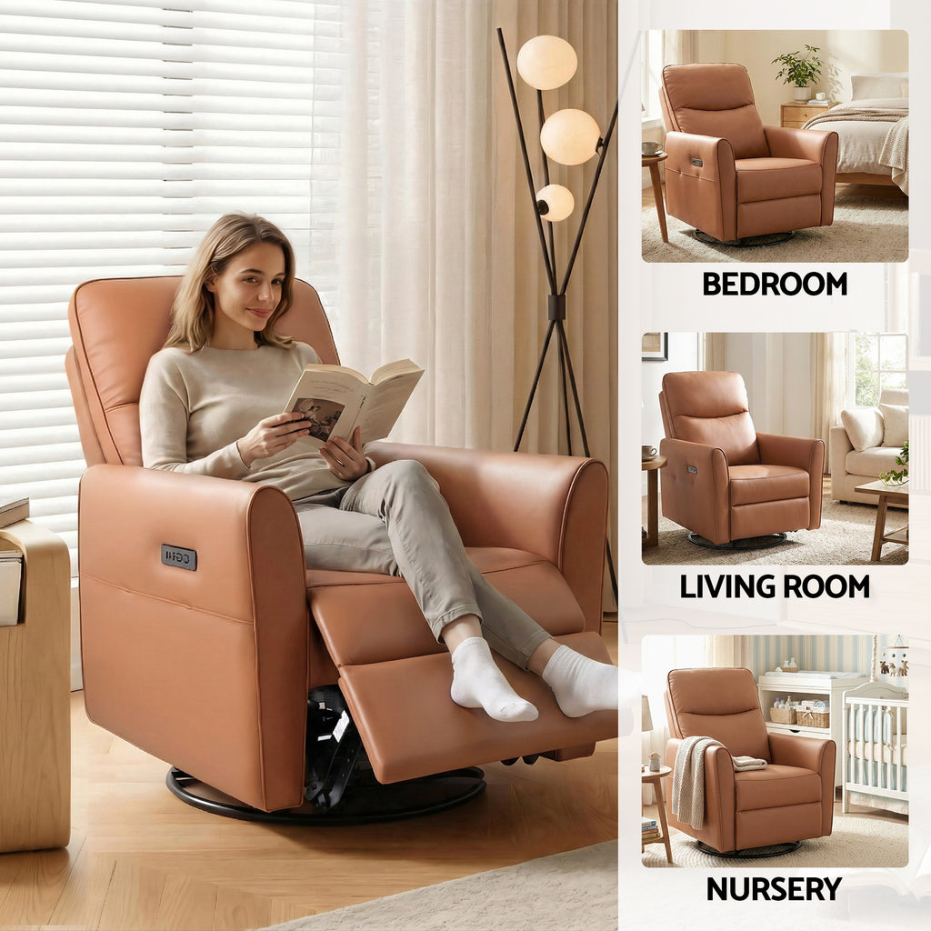 Artiss Swivel Recliner Chair Leather Rocking Reclining Sofa with Charging Ports LED Brown