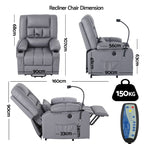 Artiss Power Lift Recliner Chair with Massage and Heat for Elderly, Electric Sofa Reclining Chair with USB and Phone Holder, PU Leather Comfy Armchair for Living Room, 2 Cup Holder & 4 Pockets, Grey