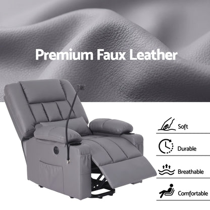 Artiss Power Lift Recliner Chair with Massage and Heat for Elderly, Electric Sofa Reclining Chair with USB and Phone Holder, PU Leather Comfy Armchair for Living Room, 2 Cup Holder & 4 Pockets, Grey
