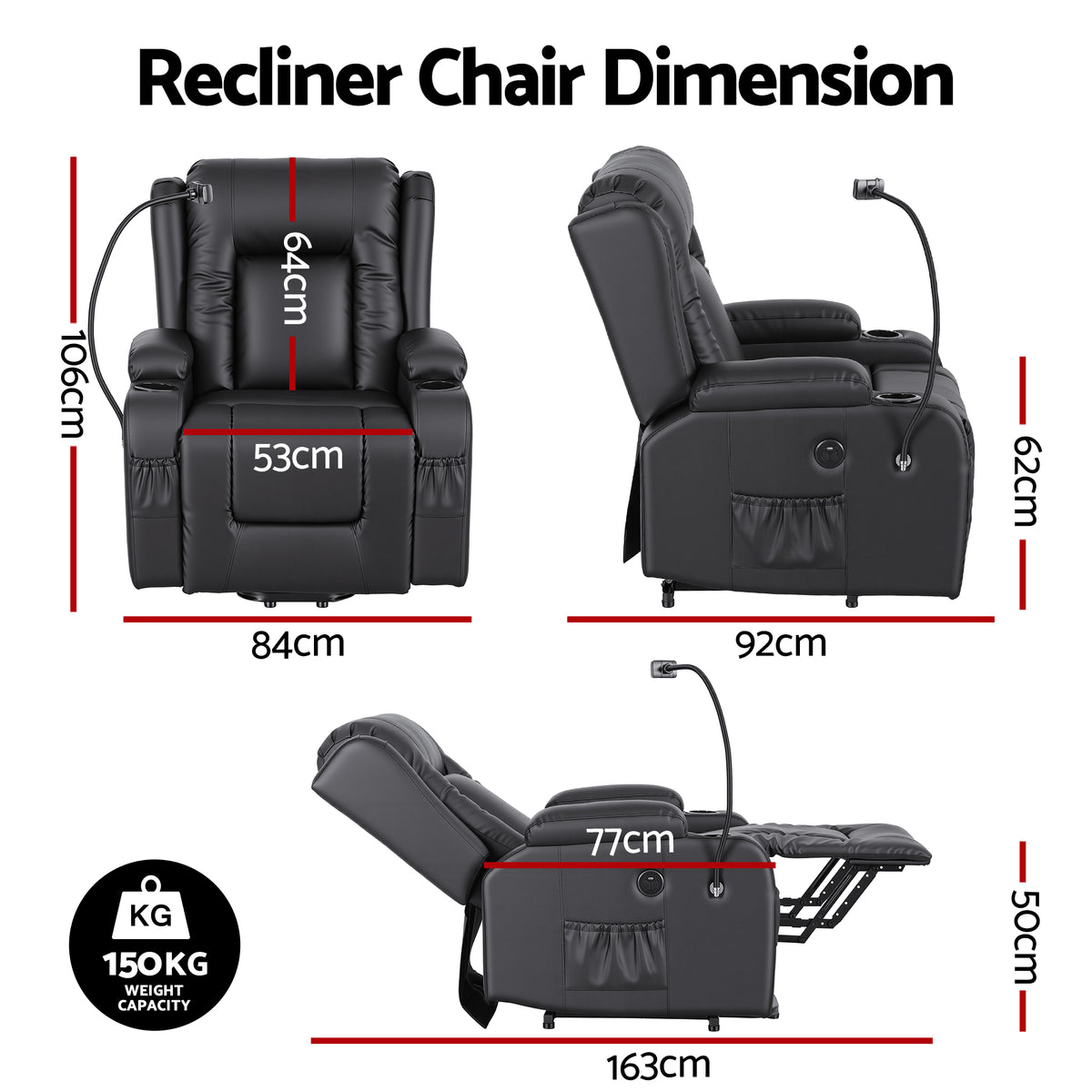 Artiss Power Lift Recliner Chair with Massage and Heat for Elderly, Electric Sofa Reclining Chair with USB and Phone Holder, PU Leather Comfy Armchair for Living Room, 2 Cup Holder & 4 Pockets, Black