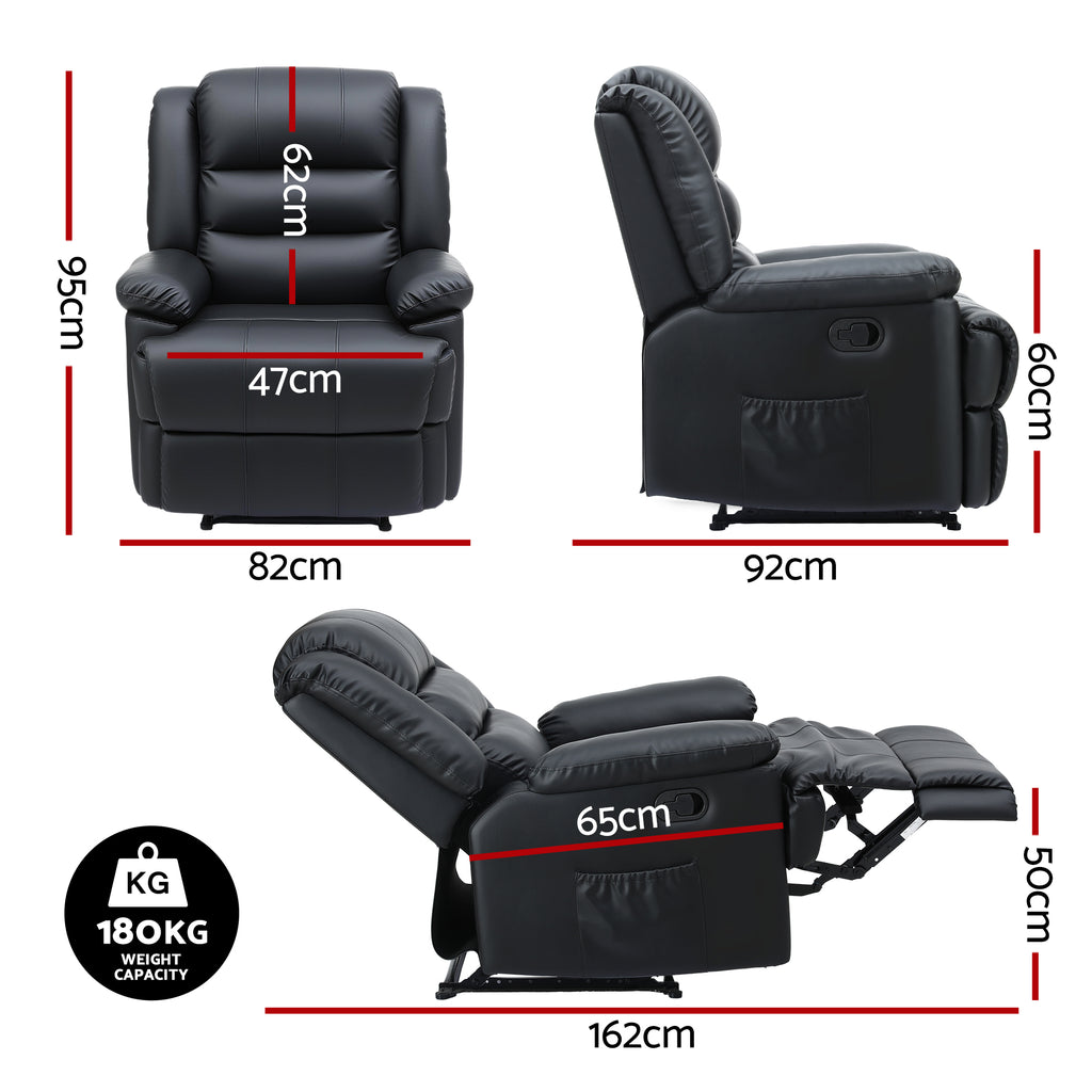 Artiss Manual Recliner Chair Leather Reclining Sofa with 16color Led Black