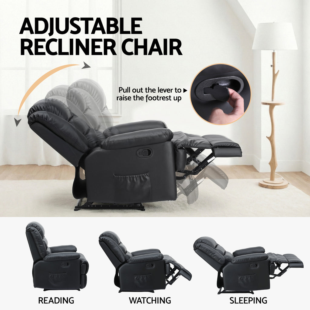 Artiss Manual Recliner Chair Leather Reclining Sofa with 16color Led Black