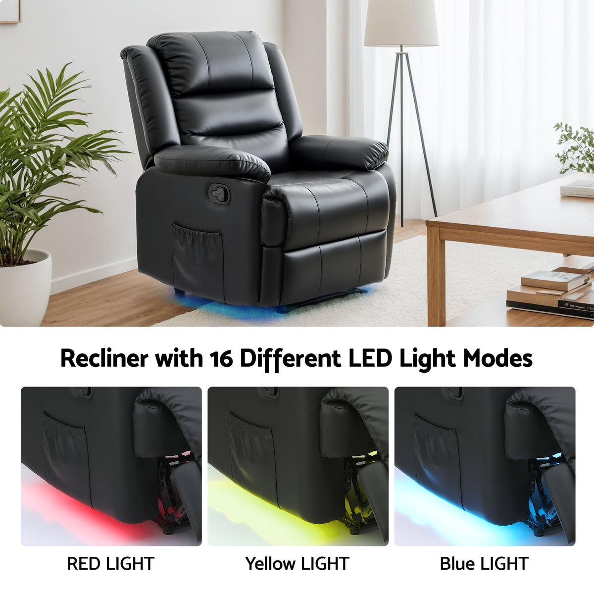 Artiss Manual Recliner Chair Leather Reclining Sofa with 16color Led Black