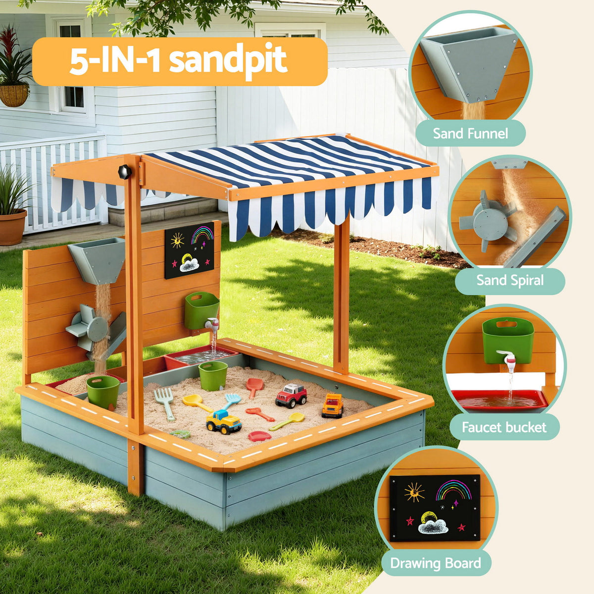 Keezi Kids Sandpit Wooden Canopy Sandbox With Cover Funnel Outdoor Toys 110cm Green