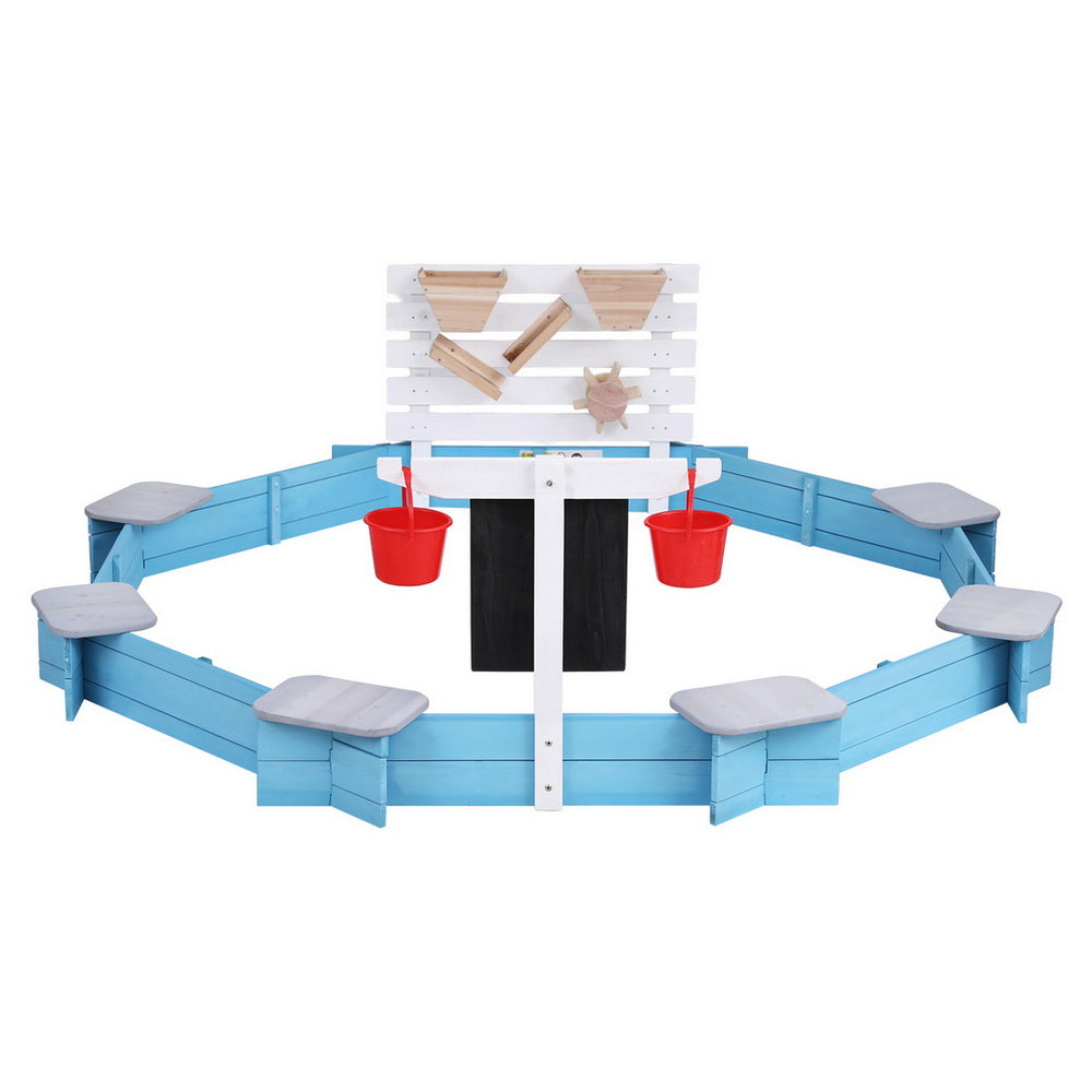 Keezi Kids Sandpit Wooden Round Sand Pit with Cover Funnel Bench Seat Beach Toys 215cm