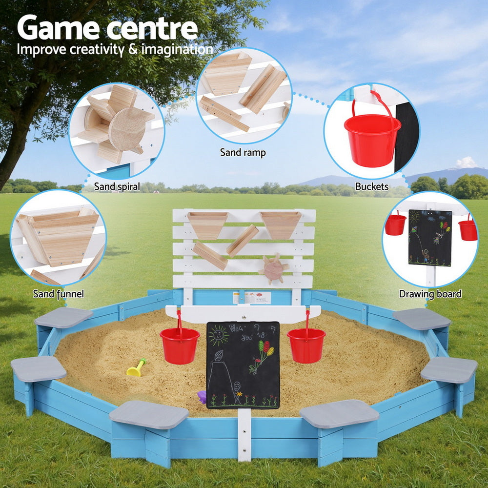 Keezi Kids Sandpit Wooden Round Sand Pit with Cover Funnel Bench Seat Beach Toys 215cm