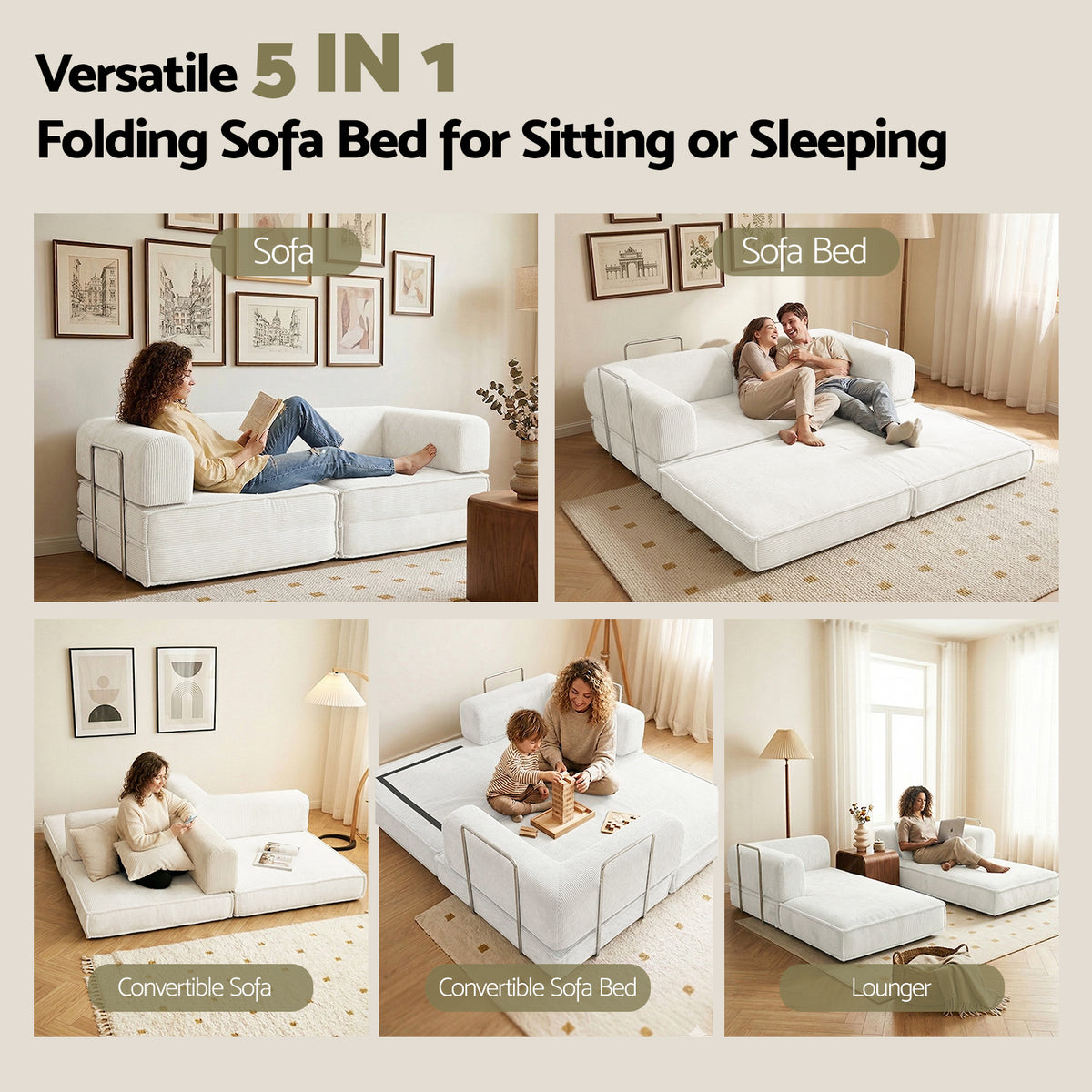 Artiss Convertible Folding Sofa Bed Pull Out Mattress Sleeper Couch Corduroy Beige