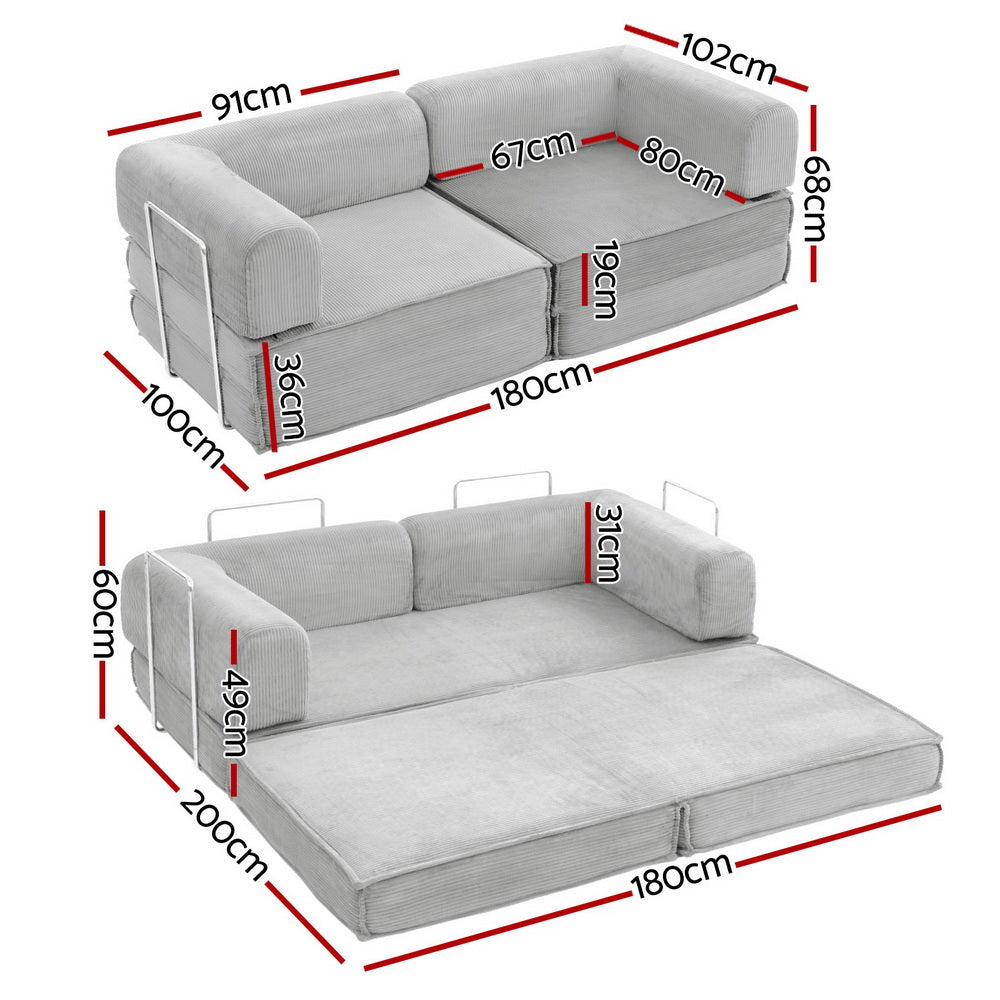 Artiss Convertible Folding Sofa Bed Pull Out Mattress Sleeper Couch Corduroy Grey