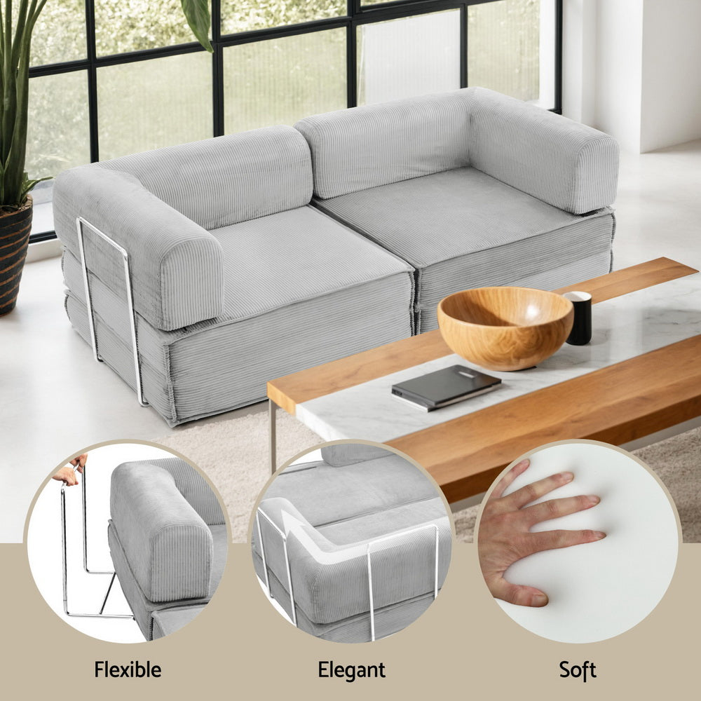 Artiss Convertible Folding Sofa Bed Pull Out Mattress Sleeper Couch Corduroy Grey