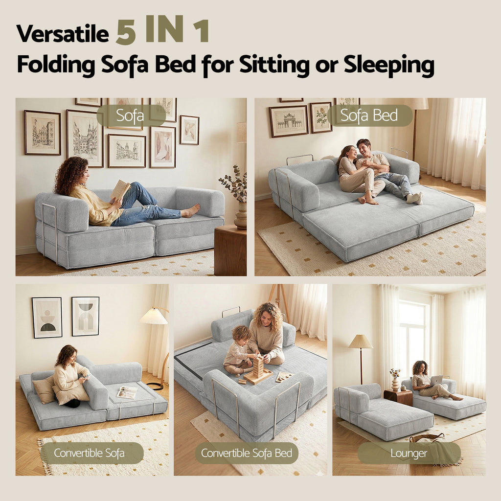 Artiss Convertible Folding Sofa Bed Pull Out Mattress Sleeper Couch Corduroy Grey