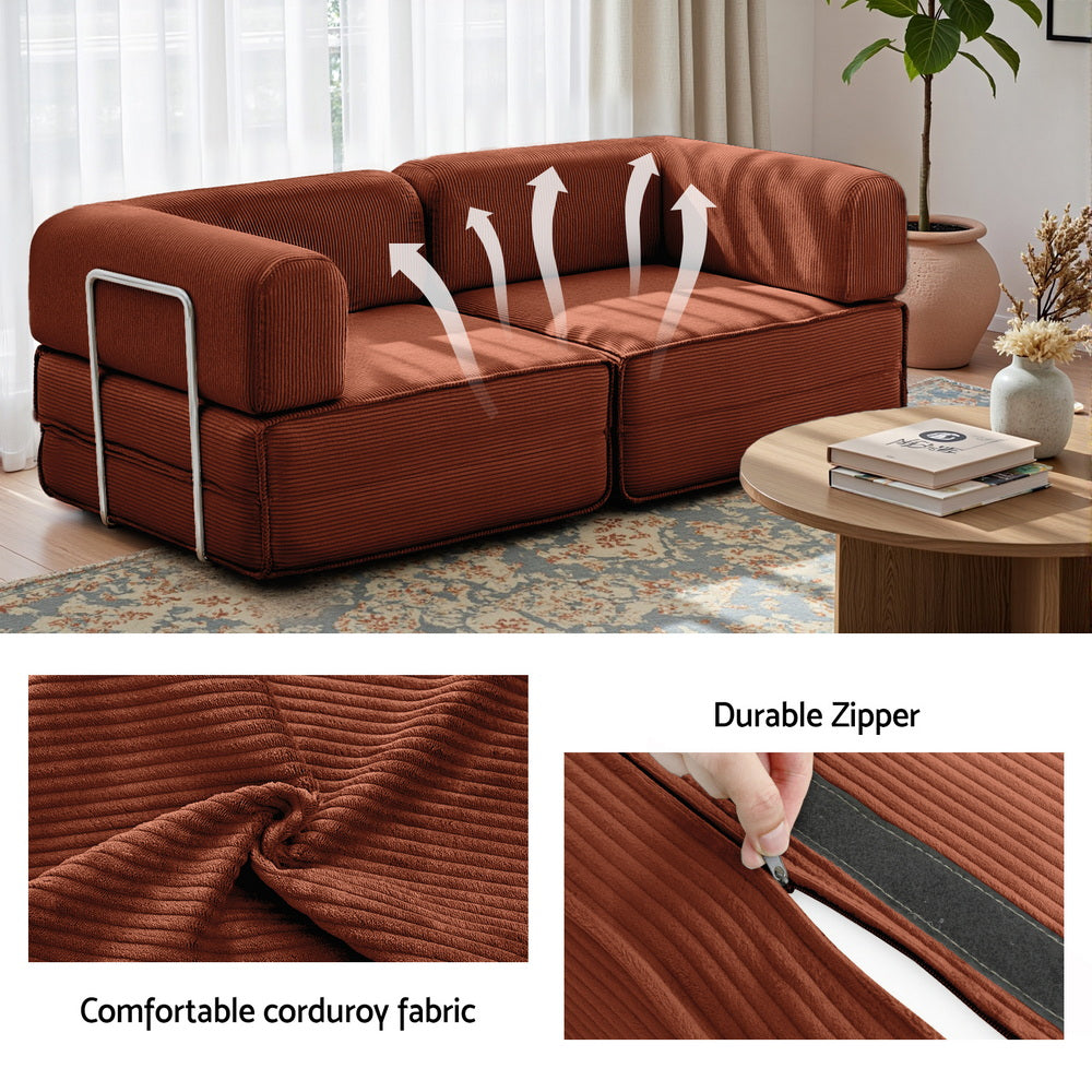 Artiss Convertible Folding Sofa Bed Pull Out Mattress Sleeper Couch Corduroy Orange