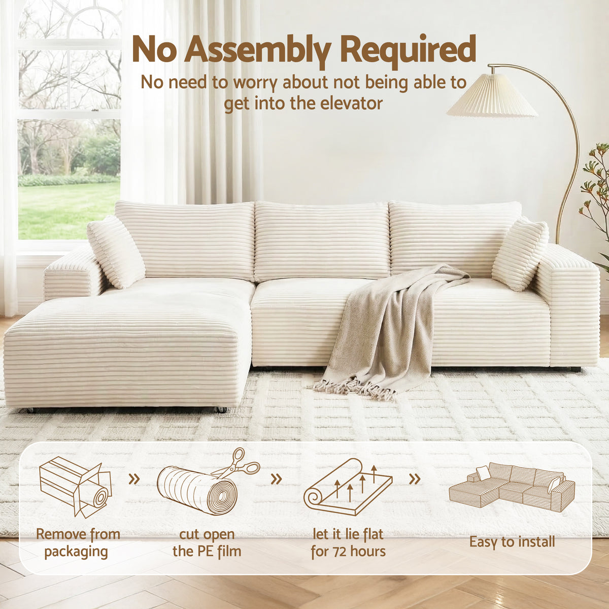 Artiss 3 Seater Modular Sofa Bed Sectional Boneless Couches for Living Room Corduroy Compressed Sofa White